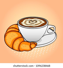 Pop art background, breakfast, coffee with cream and croissant. Vector illustration