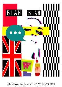 Pop art background with British flag and 3D girl bubble talk 