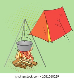 Pop Art Background Camping. Vector illustration of an imitation retro comic style. tent and bonfire with cooking food