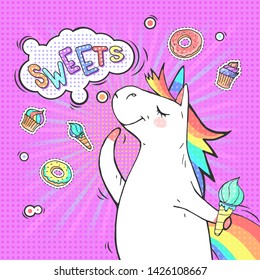Pop art background with cartoon unicorn and speech bubble with text SWEETS! Comic book retro style imitation. Vector bright illustration. 