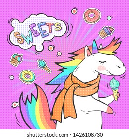 Pop art background with cartoon unicorn and speech bubble with text SWEETS! Comic book retro style imitation.