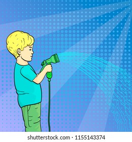 Pop art background. A child, a little boy watering a garden, a garden with a hose of water. Vector illustration