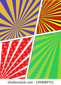 Pop art background, collage of comic radial backgrounds , vector illustration