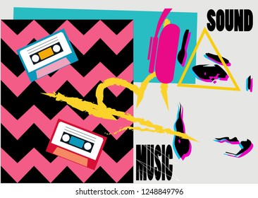 Pop art background collage with a girl with headphones and music, sound text