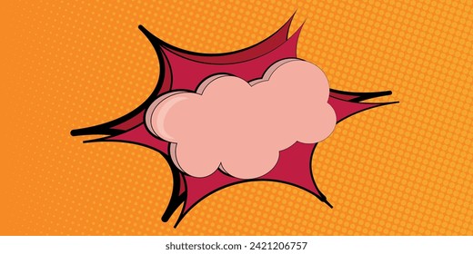 Pop art background, comic book style explosion, blank mockup template with halftone dots, cloud rays and isolated dots pattern. Vector template for advertisements, covers, posters.