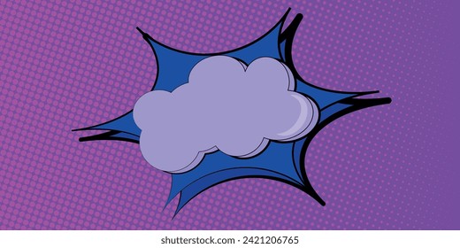 Pop art background, comic book style explosion, blank mockup template with halftone dots, cloud rays and isolated dots pattern. Vector template for advertisements, covers, posters.