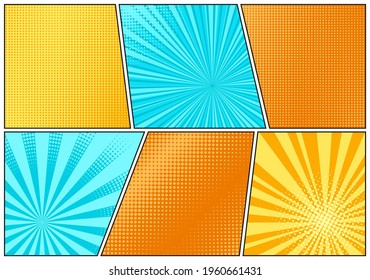 Pop art background. Comic cartoon texture with halftone and sunburst. Set starburst patterns. Retro effect with beams and dots. Vintage sunshine banner. Vector illustration.