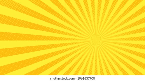 Pop art background. Comic cartoon texture with halftone and sunburst. Yellow starburst pattern. Retro effect with dots. Vintage sunshine banner. Superhero wow backdrop. Vector illustration.