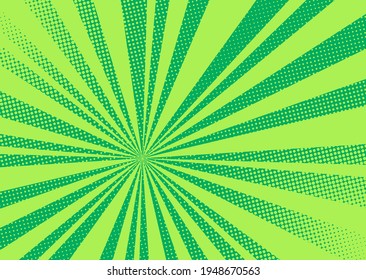 Pop art background. Comic halftone pattern. Green cartoon banner with dots and rays. Vintage duotone texture. Vector illustration. Superhero starburst banner. Gradient wow design.
