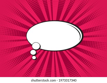 Pop art background. Comic halftone texture with speech bubble. Red cartoon starburst pattern. Retro print with beams and dots. Vintage sunburst banner. Funny superhero backdrop. Vector illustration.