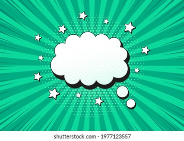 Pop art background. Comic halftone pattern with speech bubble. Green doted banner. Cartoon retro sunburst effect. Vintage sunshine texture. Superhero starburst print. Vector illustration.