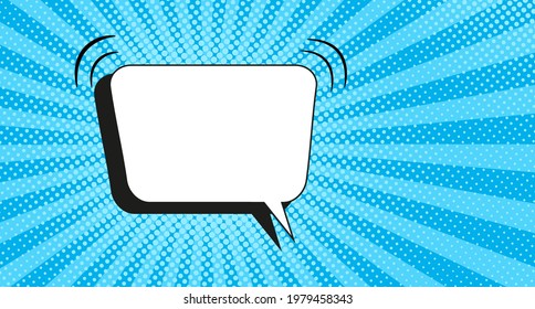 Pop art background. Comic halftone pattern. Blue cartoon banner with speech bubble. Vintage duotone print. Superhero starburst design. Gradient wow texture. Vector illustration. Half tone backdrop.