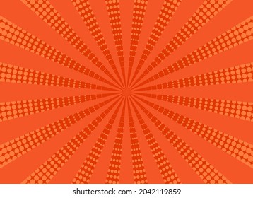 Pop-Art-Hintergrund. Comische Halbtonstruktur. Orangefarbenes Cartoon-Muster. Vintage-Sonnenschutzbanner. Retro-Druck. Schöne Superheldlandschaft mit Balken und Punkten. Vektorgrafik.