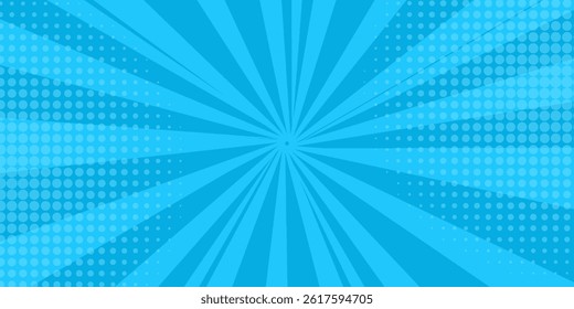Pop art background. Comic halftone texture. Blue cartoon starburst pattern. Vintage sunburst banner. Retro print with beams and dots. Funny superhero backdrop. Vector illustration.