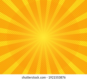 Pop art background. Comic pattern with starburst and halftone. Cartoon retro sunburst effect with dots. Yellow banner. Vintage sunshine texture. Vector illustration.