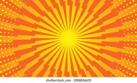 Pop art background. Comic pattern with starburst and halftone. Cartoon retro sunburst effect with dots. Yellow banner. Vintage sunshine texture. Vector illustration.