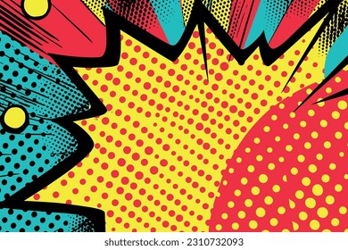 Pop art background. Comic pattern with starburst and halftone. Cartoon retro sunburst effect with dots. Colorful banner. Vintage sunshine texture. Vector illustration.