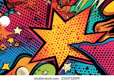 Pop art background. Comic pattern with starburst and halftone. Cartoon retro sunburst effect with dots. Colorful banner. Vintage sunshine texture. Vector illustration.