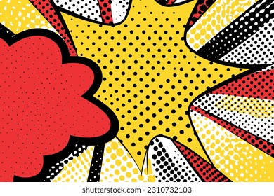 Pop art background. Comic pattern with starburst and halftone. Cartoon retro sunburst effect with dots. Colorful banner. Vintage sunshine texture. Vector illustration.