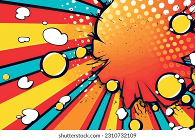 Pop art background. Comic pattern with starburst and halftone. Cartoon retro sunburst effect with dots. Colorful banner. Vintage sunshine texture. Vector illustration.