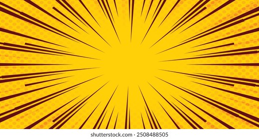 Fondo de arte Pop. Patrón cómico con estallido estelar y semitono. Efecto sunburst retro de dibujos animados con puntos. Anuncio amarillo. Textura de Antiguas sunshine. Ilustración vectorial.