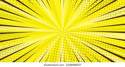 Fondo de arte Pop. Patrón cómico con estallido estelar y semitono. Efecto sunburst retro de dibujos animados con puntos. Anuncio amarillo. Textura de Antiguas sunshine. Ilustración vectorial.