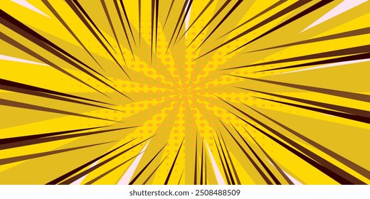 Fondo de arte Pop. Patrón cómico con estallido estelar y semitono. Efecto sunburst retro de dibujos animados con puntos. Anuncio amarillo. Textura de Antiguas sunshine. Ilustración vectorial.