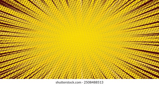 Fondo de arte Pop. Patrón cómico con estallido estelar y semitono. Efecto sunburst retro de dibujos animados con puntos. Anuncio amarillo. Textura de Antiguas sunshine. Ilustración vectorial.