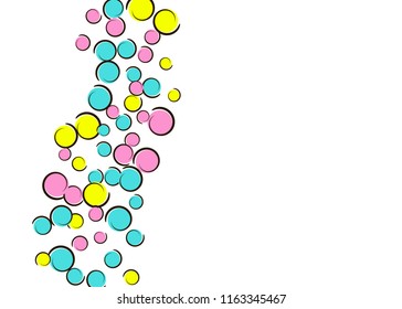 Pop art background with comic polka dot confetti. Big colored spots, spirals and circles on white. Vector illustration. Rainbow kids splatter for birthday party. Rainbow pop art background.