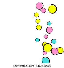 Pop art background with comic polka dot confetti. Big colored spots, spirals and circles on white. Vector illustration. Trendy childish splash for birthday party. Rainbow pop art background.