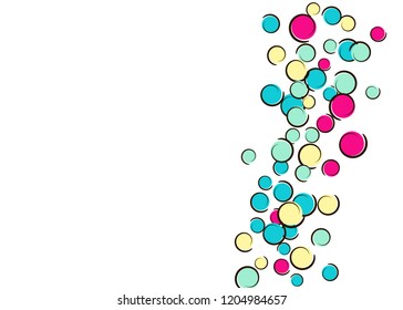Pop art background with comic polka dot confetti. Big colored spots, spirals and circles on white. Vector illustration. Bright childish splash for birthday party. Rainbow pop art background.