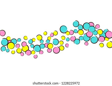Pop art background with comic polka dot confetti. Big colored spots, spirals and circles on white. Vector illustration. Stylish childish splash for birthday party. Rainbow pop art background.