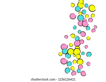 Pop art background with comic polka dot confetti. Big colored spots, spirals and circles on white. Vector illustration. Stylish kids splatter for birthday party. Rainbow pop art background.