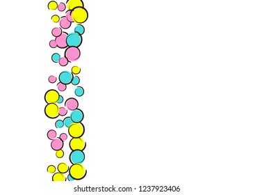 Pop art background with comic polka dot confetti. Big colored spots, spirals and circles on white. Vector illustration. Multicolor childish splash for birthday party. Rainbow pop art background.