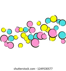 Pop art background with comic polka dot confetti. Big colored spots, spirals and circles on white. Vector illustration. Rainbow kids splatter for birthday party. Rainbow pop art background.