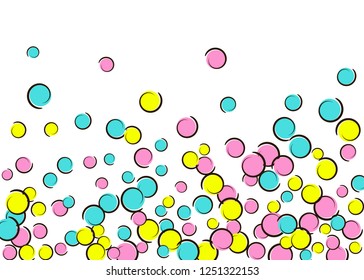 Pop art background with comic polka dot confetti. Big colored spots, spirals and circles on white. Vector illustration. Vibrant kids splatter for birthday party. Rainbow pop art background.