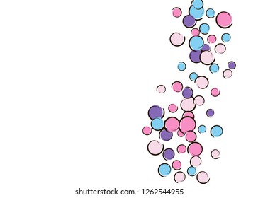 Pop art background with comic polka dot confetti. Big colored spots, spirals and circles on white. Vector illustration. Creative childish splash for birthday party. Rainbow pop art background.