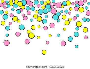 Pop art background with comic polka dot confetti. Big colored spots, spirals and circles on white. Vector illustration. Vibrant childish splash for birthday party. Rainbow pop art background.