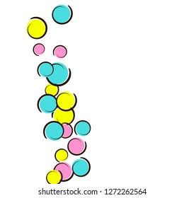 Pop art background with comic polka dot confetti. Big colored spots, spirals and circles on white. Vector illustration. Retro childish splash for birthday party. Rainbow pop art background.