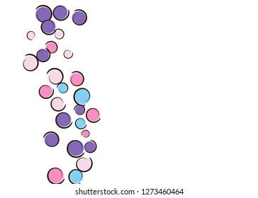 Pop art background with comic polka dot confetti. Big colored spots, spirals and circles on white. Vector illustration. Hipster kids splatter for birthday party. Rainbow pop art background.