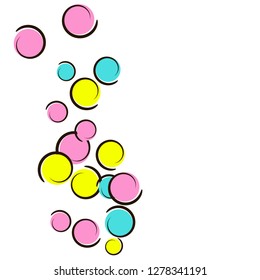 Pop art background with comic polka dot confetti. Big colored spots, spirals and circles on white. Vector illustration. Bright kids splatter for birthday party. Rainbow pop art background.