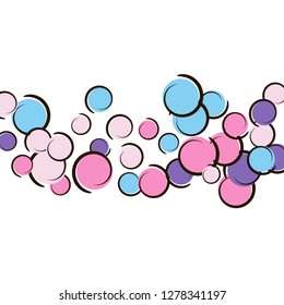 Pop art background with comic polka dot confetti. Big colored spots, spirals and circles on white. Vector illustration. Colorful kids splatter for birthday party. Rainbow pop art background.