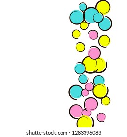 Pop art background with comic polka dot confetti. Big colored spots, spirals and circles on white. Vector illustration. Vibrant kids splatter for birthday party. Rainbow pop art background.