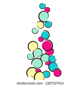 Pop art background with comic polka dot confetti. Big colored spots, spirals and circles on white. Vector illustration. Rainbow kids splatter for birthday party. Rainbow pop art background.