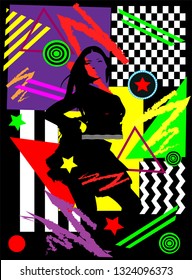 Pop art background with dancing girl, modern abstract vector