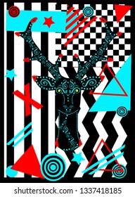 Pop art background with deer head, abstract geometric vector illustration