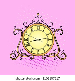 pop art background, desktop clock. Retro object, antiques, vector illustration. Imitation comic style