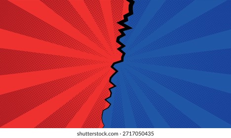 Fondo de arte Pop dividido por línea negra irregular, rojo a la izquierda y azul a la derecha.