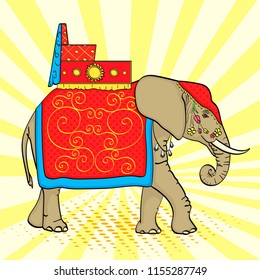 Pop art background, Elephant in India, a sacred animal, decorations for a holiday. Vector illustration