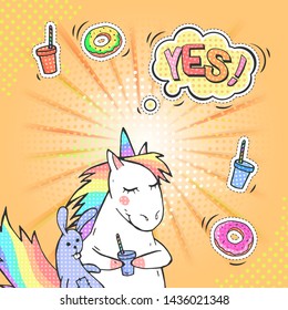 Pop art background with fat unicorn and speech bubble with text YES! Comic book retro style imitation. Vector bright illustration. 